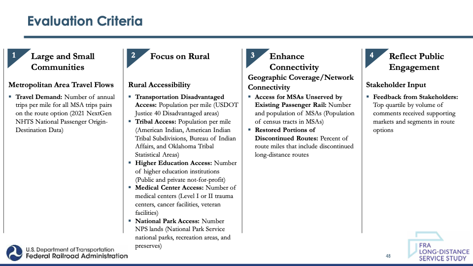 Evaluation Criteria 1 Large and Small Communities Metropolitan Area Travel Flows Travel Demand: Number of annual trips per mile for all MSA trips pairs on the route option (2021 NextGen NHTS National Passenger Origin- Destination Data) 2 Focus on Rural Rural Accessibility Transportation Disadvantaged Access: Population per mile (USDOT Justice 40 Disadvantaged areas) Tribal Access: Population per mile (American Indian, American Indian Tribal Subdivisions, Bureau of Indian Affairs, and Oklahoma Tribal Statistical Areas) Higher Education Access: Number of higher education institutions (Public and private not-for-profit) Medical Center Access: Number of medical centers (Level I or II trauma centers, cancer facilities, veteran facilities) National Park Access: Number NPS lands (National Park Service national parks, recreation areas, and preserves) 3 Enhance Connectivity Geographic Coverage/Network Connectivity Access for MSAs Unserved by Existing Passenger Rail: Number and population of MSAs (Population of census tracts in MSAs) Restored Portions of Discontinued Routes: Percent of route miles that include discontinued long-distance routes 4 Reflect Public Engagement Stakeholder Input Feedback from Stakeholders: Top quartile by volume of comments received supporting markets and segments in route options